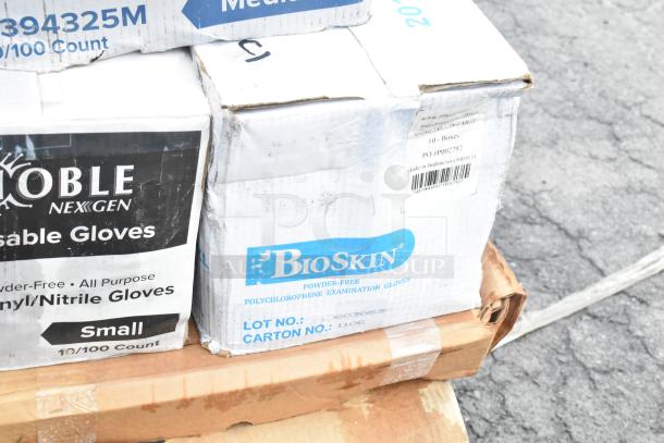 Boxes of Noblex Nexgen gloves and Bioskin powder-free examination gloves, slightly dented.