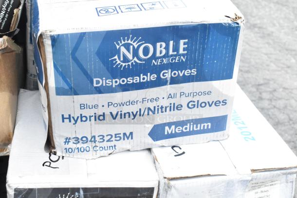 Box of Noble NexGen disposable gloves, hybrid vinyl/nitrile, blue, powder-free, medium size. Slight box damage visible.