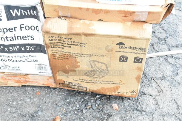 Boxes of new scratch and dent items including EarthChoice MFPP hinged lid containers and paper food containers.