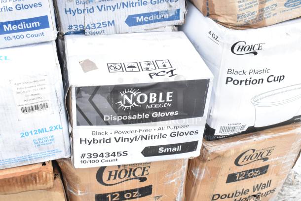 28 brand new scratch and dent items including Noble disposable gloves and Choice plastic portion cups, visible box labels.