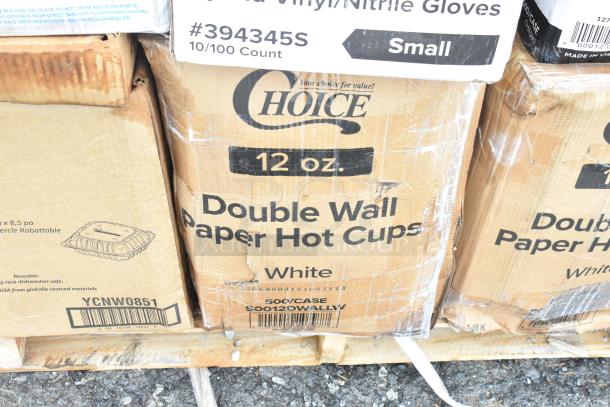 Cardboard boxes of "Choice" 12 oz. Double Wall Paper Hot Cups, white. Box shows signs of wear. 500 per case.