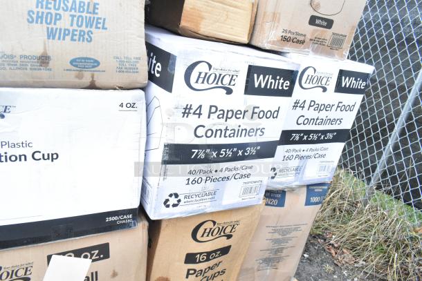 Boxes of Choice White #4 paper food containers, reusable towel wipes. Damaged packaging, contents new. 28 items total.