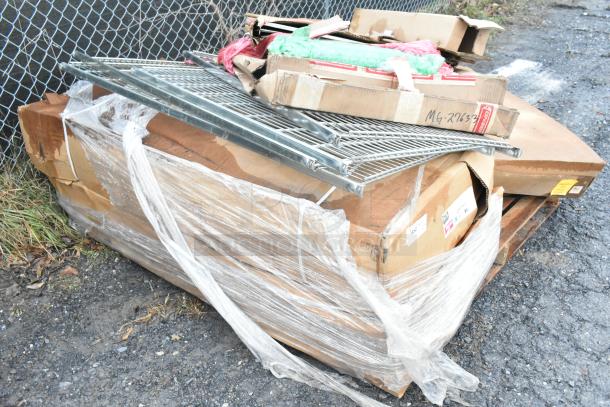 Eight new scratch and dent items, including Winco SPJH-906GN steam table pan, Metro D56JN dolly. Packaged on a pallet.