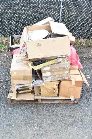 Pallet of 17 new scratch and dent items, including Tablecraft cooling plates, stainless steel bins, wooden trays. Boxes visible.