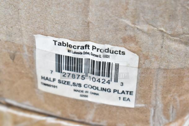 Label on Tablecraft Products box showing details of a half-size stainless steel cooling plate, barcode 727875104243.
