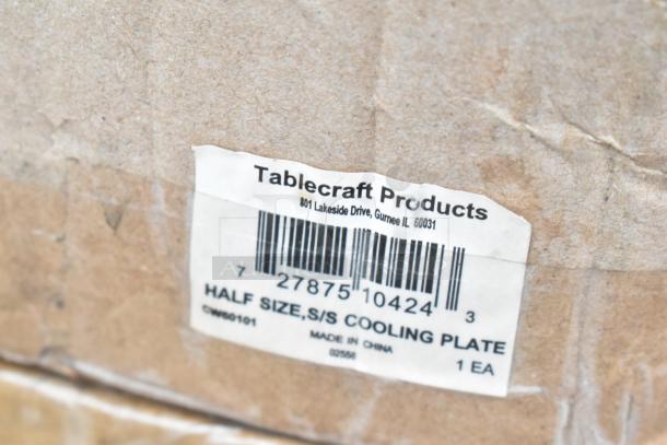 Label on Tablecraft half-size stainless steel cooling plate, showing item code CW60101, made in China, 1 EA.