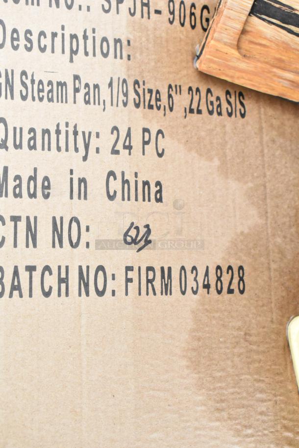 Cardboard box labeled "Steam Pan, 1/9 Size, 6'', 22 Ga SS" with quantity 24. Made in China. Batch No: FIRM 034828.