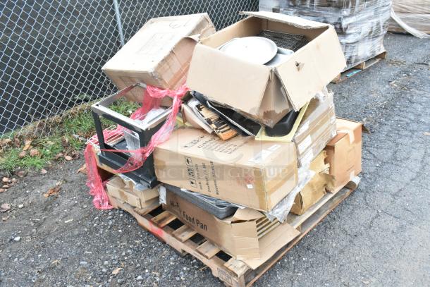 Pallet of 17 new scratch and dent items, including Tablecraft cooling plates, stainless steel bins, and wooden trays in boxes.