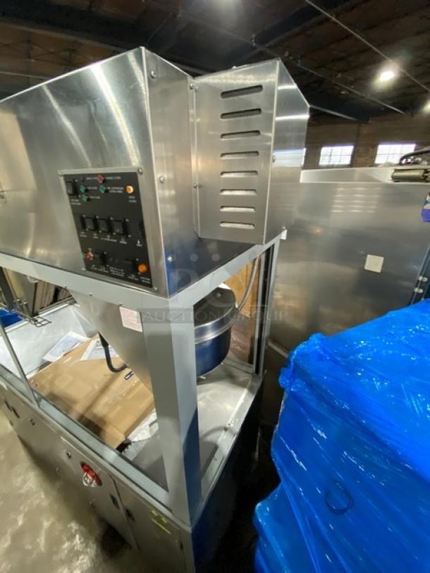 Gold Medal commercial popcorn popper, Model 2973-137, with twin 52 oz kettles, stainless steel, neon sign, excellent condition.