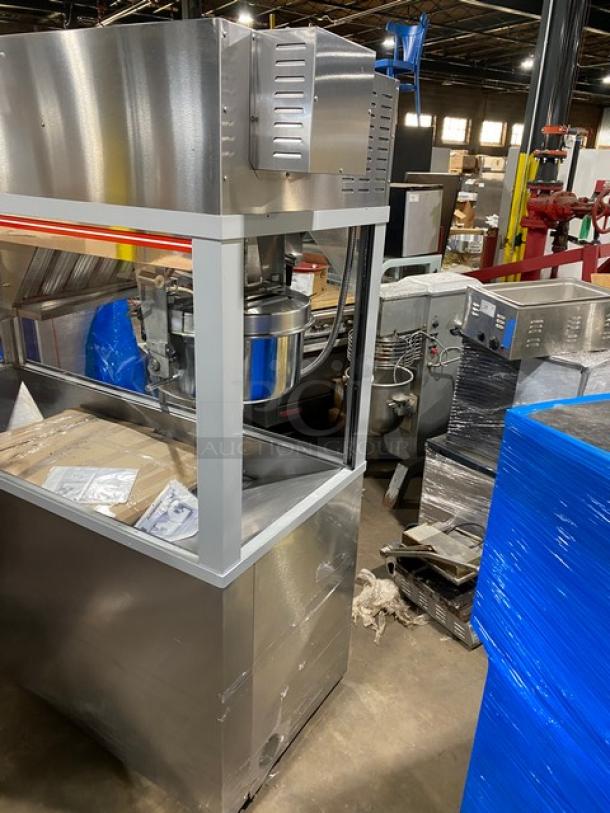 Gold Medal Model 2973-137 Commercial Stainless Steel Popcorn Popper with twin 52 oz kettles, neon sign, excellent condition.