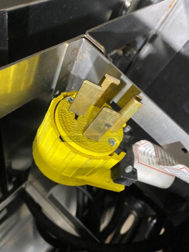 Gold Medal Model 2973137 plug detail; commercial popcorn machine, stainless steel, twin 52 oz kettles, neon sign.