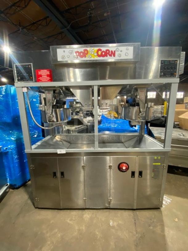 Gold Medal stainless steel popcorn popper, Model 2973-137, with twin 52 oz. kettles. Neon popcorn sign, cabinet style.