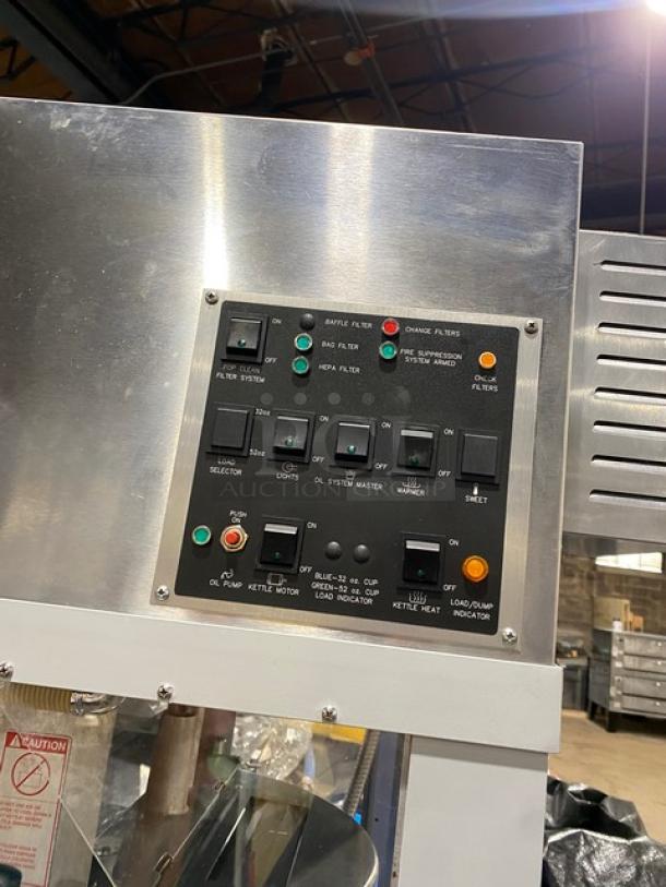 Gold Medal Grand Medallion Popcorn Popper, stainless steel, model 2973-137, twin 52 oz kettles, control panel shown.