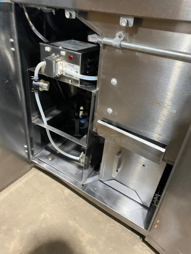 Gold Medal 2019 commercial stainless steel popcorn machine, model 2973-137, features twin kettles, neon sign, electrical components.