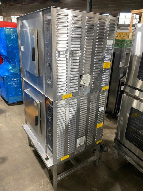 Groen Combo Series stainless steel double-stacked convection steamer oven, model CC10G, natural gas, with wired rack, on legs.