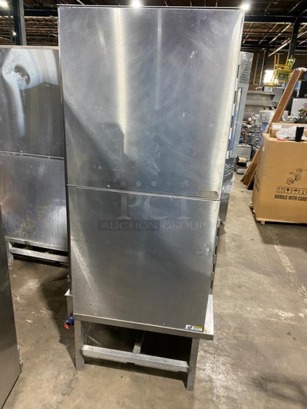 Groen CC10G double-stacked stainless steel convection steamer oven on legs. Natural gas, wired rack, model CC10G, SN: CC10514MS.