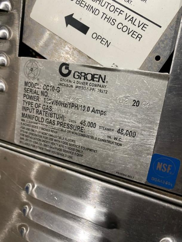 Groen Combo Series stainless steel double-stacked convection steamer oven, model CC10G, on legs with NSF label and safety instructions.