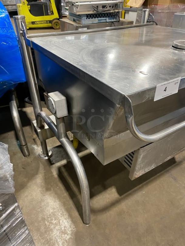 Cleveland Range commercial stainless steel gas-powered tilted braising pan, ultra tilt skillet, on sturdy legs, in good condition.