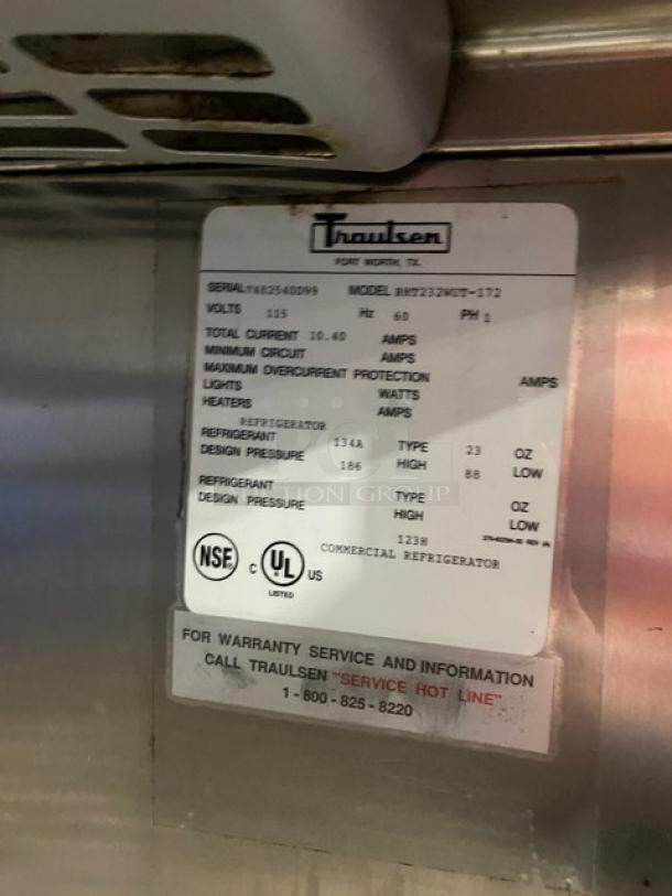 Traulsen commercial stainless steel 2-door reach-in refrigerator, Model RHT232WUT172, 115V, 1 Phase, with chrome plated rack.