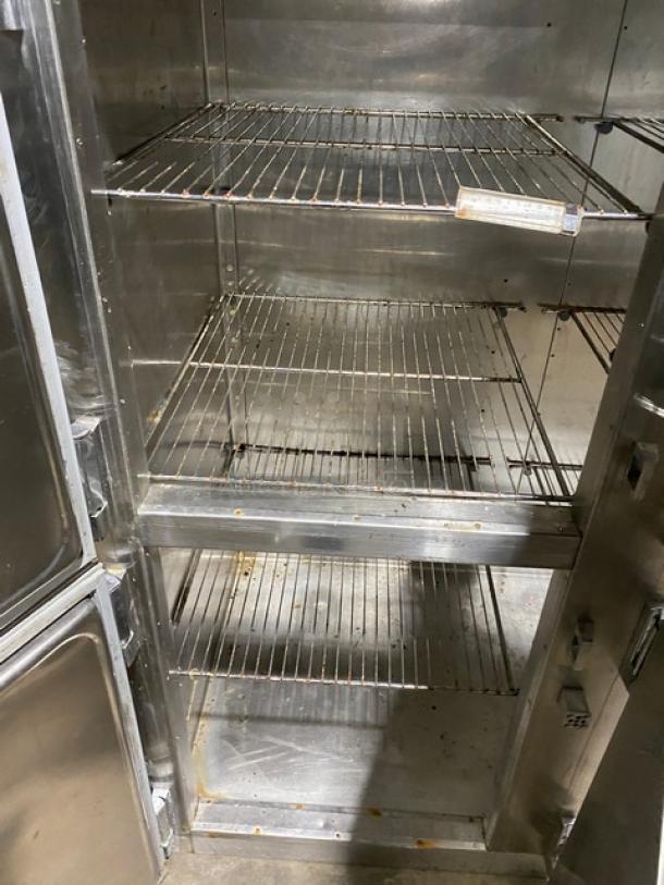 Traulsen stainless steel half-door double section reach-in refrigerator, model RHT232WREHHS, with chrome plated wired rack, 115V.