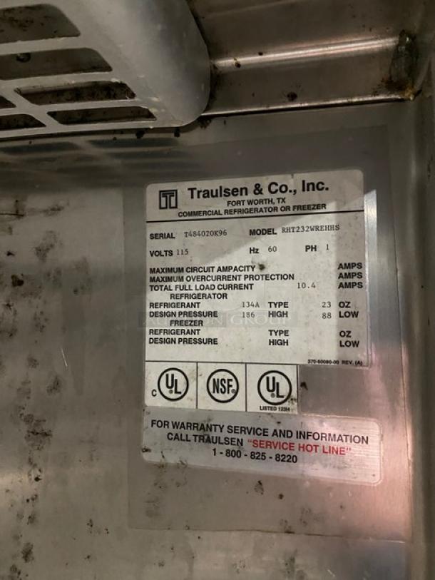 Traulsen RHT232WREHHS commercial refrigerator label, showing model, serial number, 115V, certifications.