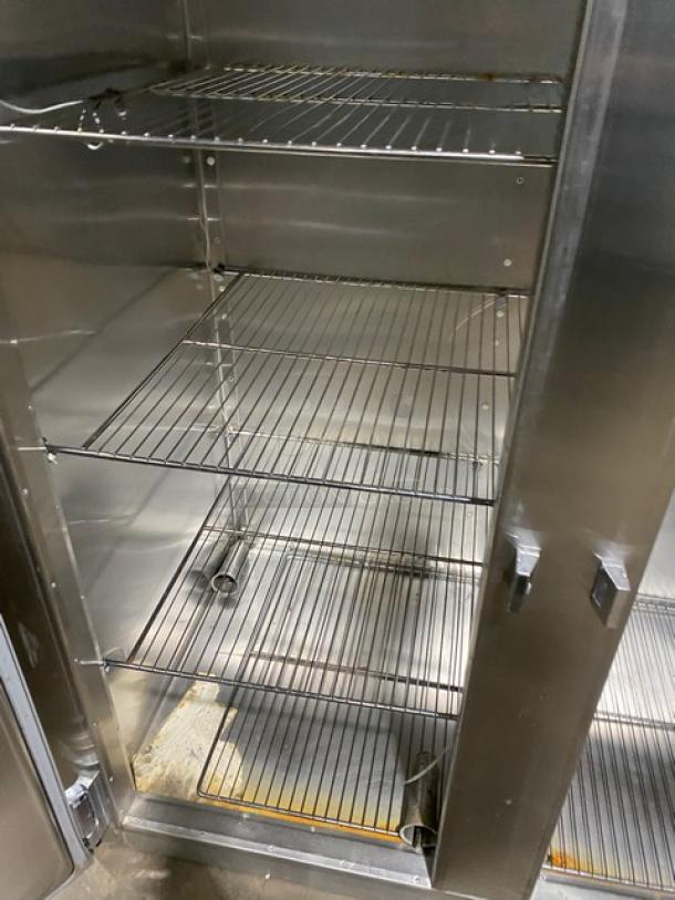 Traulsen stainless steel 2-door reach-in refrigerator, model 1RHT232WUT, with chrome-plated wire rack shelving, 115V.