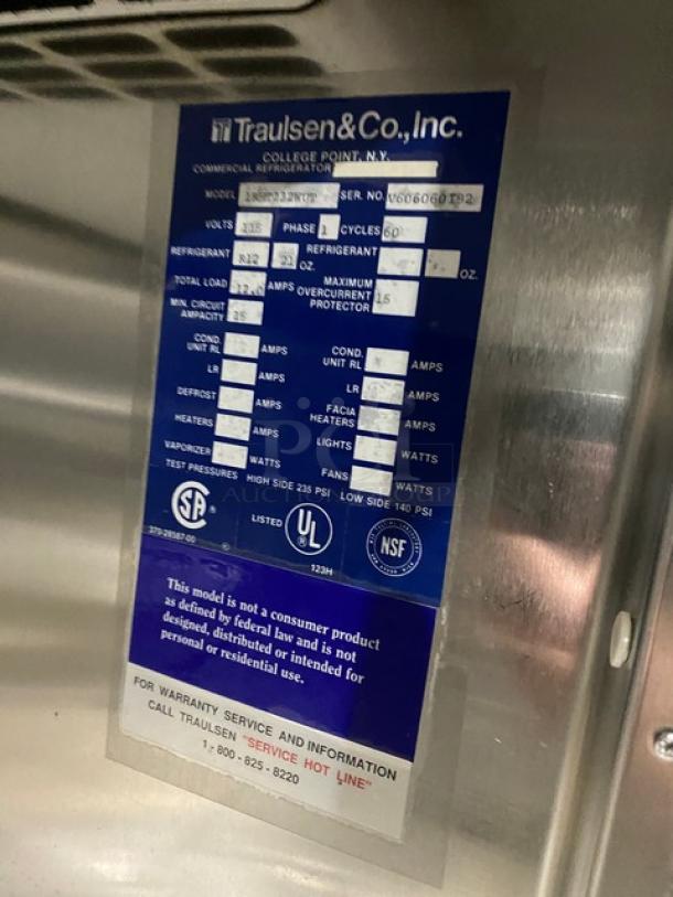 Traulsen refrigerator data plate showing model 1RHT232WUT, SN: V606060I92, 115V, commercial use.