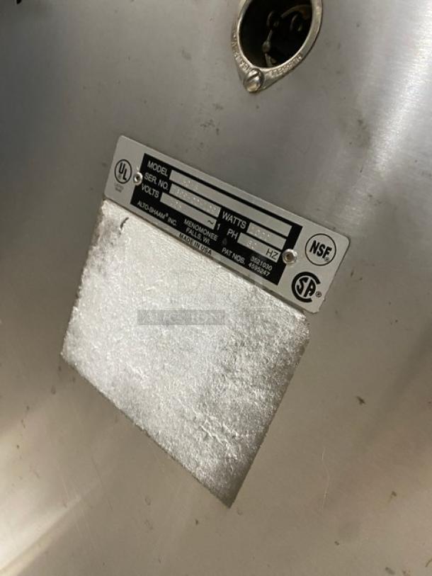 Alto-Shaam 750-S heated cabinet label, showing model, serial number, and electrical specs. Stainless steel finish.