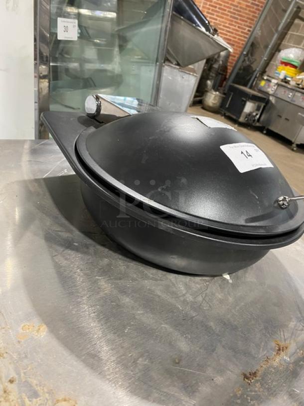 Spring USA induction chafing dish/buffet server with chrome handle, black finish, slight wear visible, labeled as item 14.
