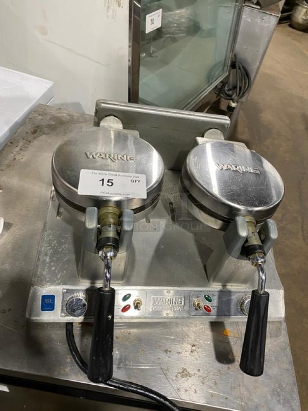 Waring WW250 stainless steel electric countertop double Belgian waffle maker, good condition, 120V, labeled controls.