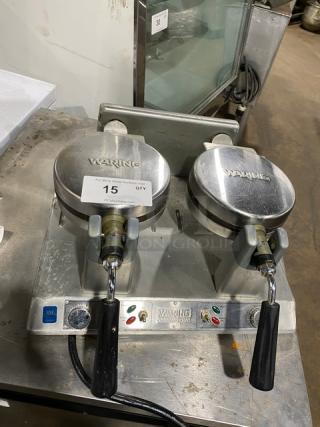 Waring WW250 stainless steel electric countertop double Belgian waffle maker, good condition, 120V, labeled controls.