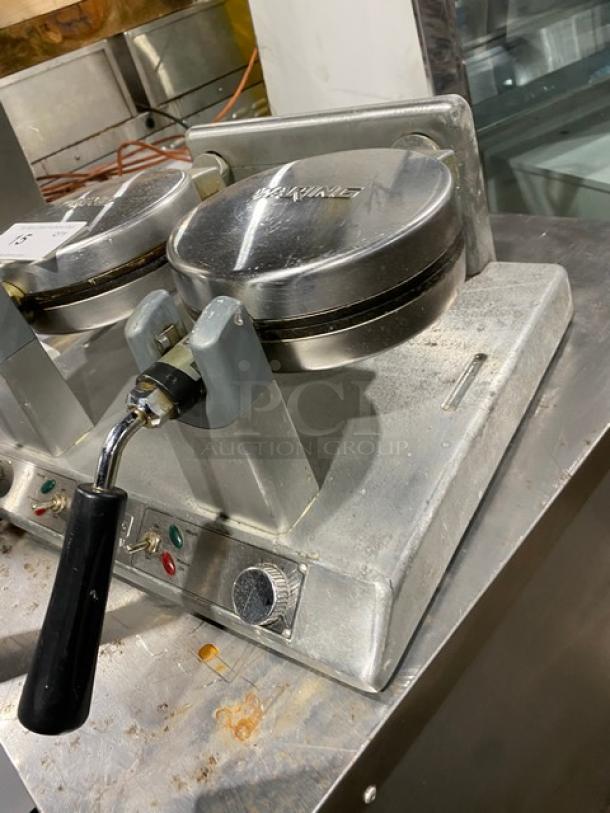 Waring Commercial Double Belgian Waffle Maker, Model WW250, stainless steel, electric, countertop, 120V, pre-owned.