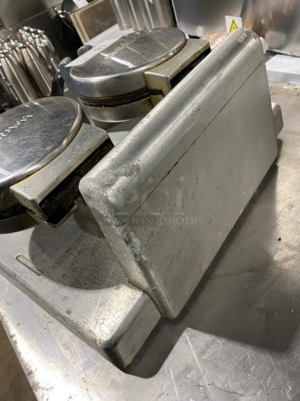 Waring WW250 stainless steel double Belgian waffle maker. Electric, countertop model, used condition. 120V power.