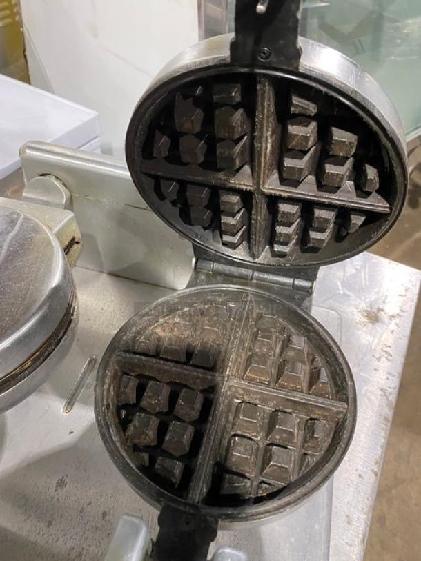 Waring WW250 countertop double Belgian waffle maker, stainless steel, electric-powered, visible grids, 120V.