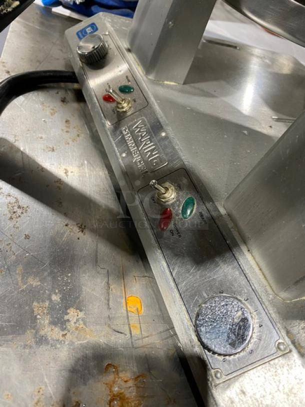 Waring Commercial WW250 Double Belgian Waffle Maker, stainless steel, 120V, used condition, visible control knobs and indicator lights.