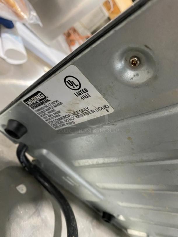 Waring WW250 stainless steel double Belgian waffle maker, electric, 120V. UL listed label visible, good condition.