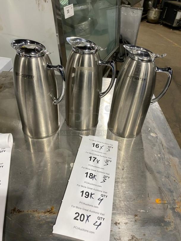 Service Ideas stainless steel 1.5L insulated pitchers. Labels: "Decaf," "Coffee," and "Hot Water." Excellent condition.