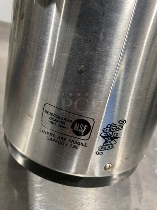 Commercial stainless steel insulated beverage dispenser, 1.9L capacity, Service Ideas brand, NSF certified, used condition.