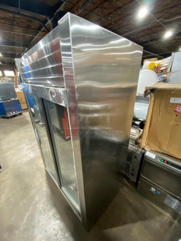 Traulsen stainless steel 2-sliding glass door reach-in refrigerator, model RHT232NUTSL012, with wired rack, 115V 1 phase.
