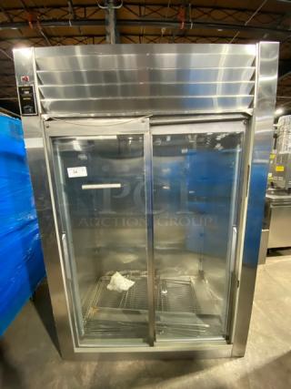 Traulsen Commercial Stainless Steel Double Glass Sliding Door Reach-In Merchandiser Refrigerator! With Chrome Plated Wired Rack! Model: RHT232NUTSL-012 SN: T482530D99! 115V 1 Phase! With Legs! - Item #1225407