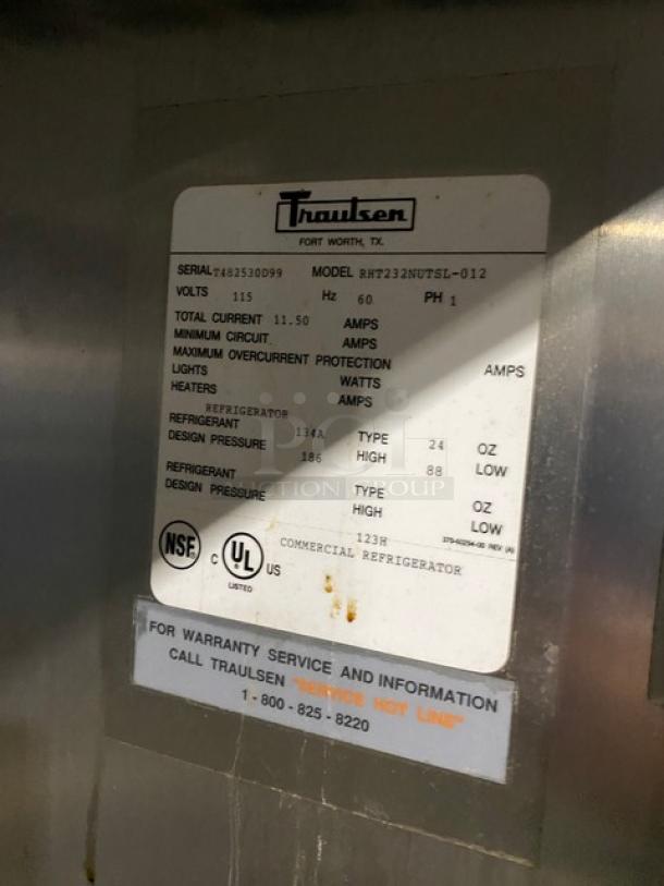 Traulsen commercial stainless steel refrigerator label, model RHT232NUTSL-012, 115V, 1 phase, showing technical specifications.