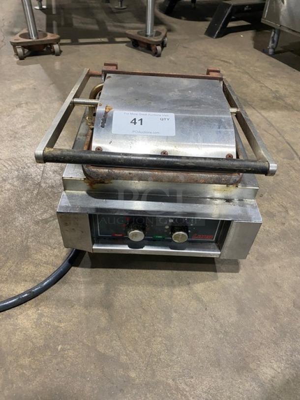 Lang Pane Bella Series stainless steel electric panini griddle, model PB12, with grooved grates, on legs, fair condition.