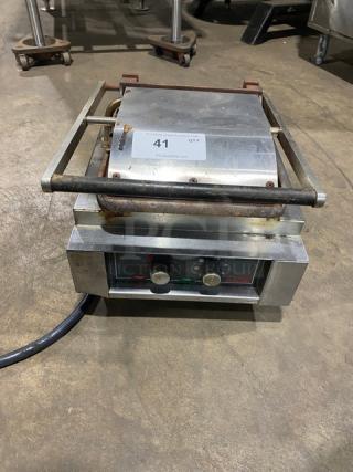 Lang Pane Bella Series stainless steel electric panini griddle, model PB12, with grooved grates, on legs, fair condition.