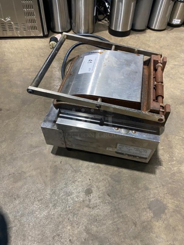 Lang Pane Bella Series commercial stainless steel electric countertop panini griddle, model PB-12, with grooved grates.