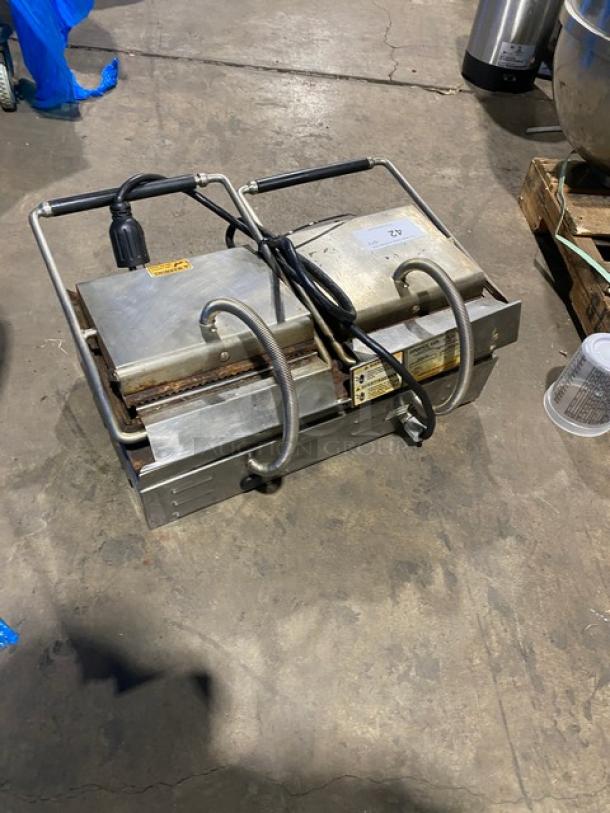Equipex Sodir MAJESTIC dual sandwich press grill, stainless steel, grooved grates, used condition, 208/240V, 1 phase.