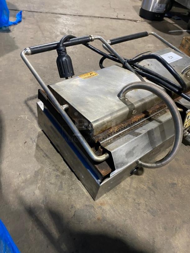 Equipex Sodir stainless steel dual sandwich press, model MAJESTIC, with grooved grate, 208/240V, used condition.