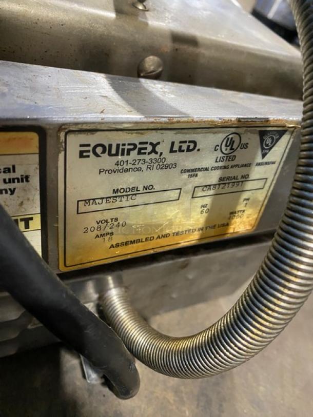 Equipex MAJESTIC commercial sandwich press, stainless steel, dual grooved grill, 208/240V, SN: CA8121991, UL listed.