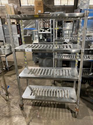 Commercial heavy-duty 4-tier mobile drying/utility rack on casters, metal construction, slatted shelves, label "44" attached.