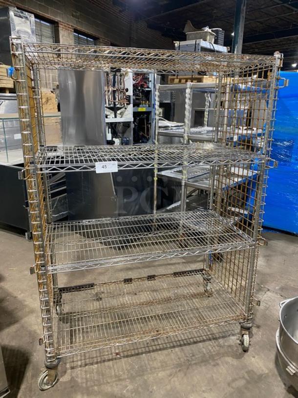 Commercial 4-tier mobile enclosed wired-rack storage cart on casters, industrial-grade. Item tag reads "45".