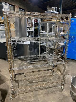 Commercial 4-tier mobile enclosed wired-rack storage cart on casters, industrial-grade. Item tag reads "45".